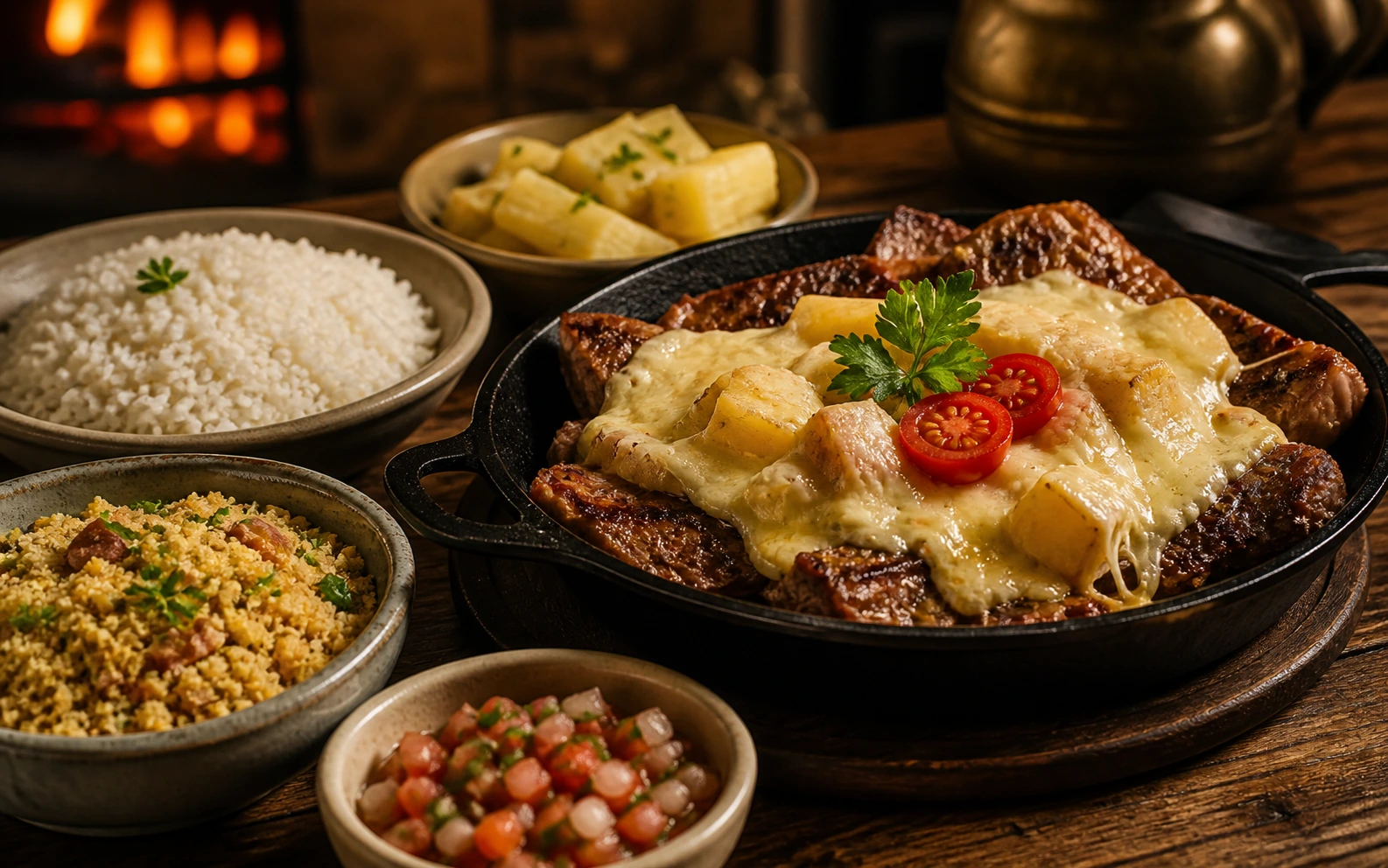 Mesa de comida regional com picanha, arroz, feijão tropeiro, mandioca e vinagrete
