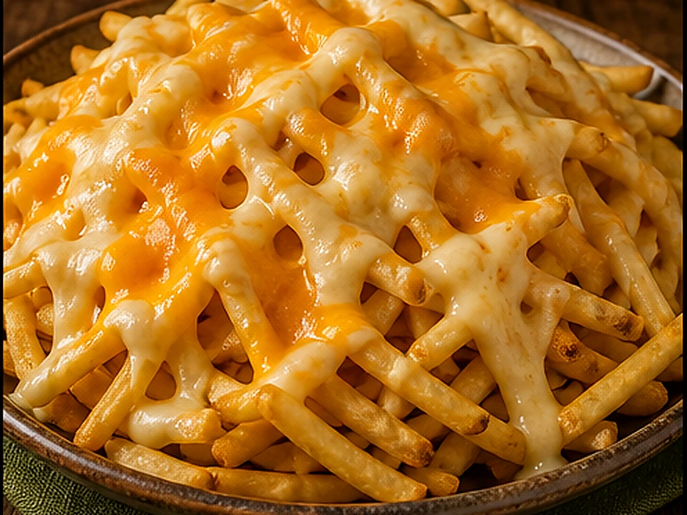 Batata Frita com Mussarela e Cheddar servido no Restaurante Dona Rê