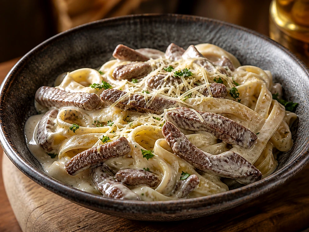 Macarrão ao Molho Branco com Tiras de Filé Mignon servido no Restaurante Dona Rê